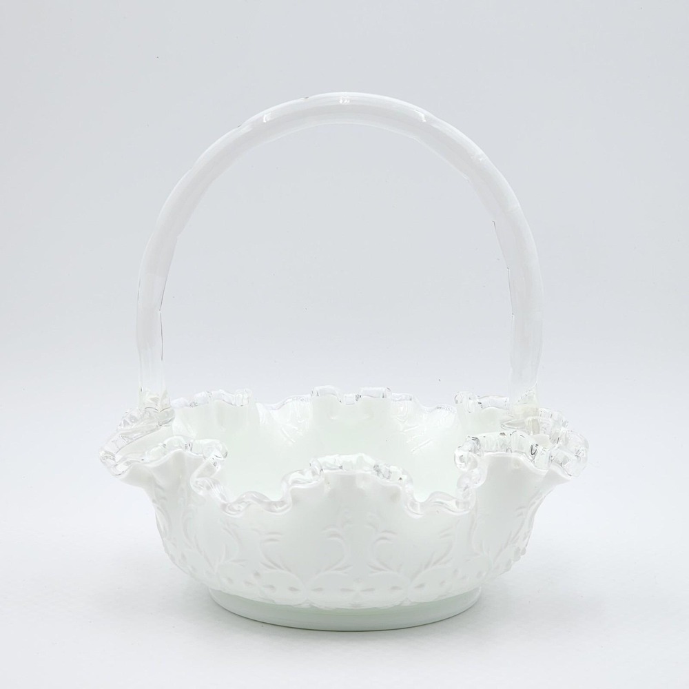 Fenton Spanish Lace White Milk Glass Silver Crest Basket Clear Rim Vintage - Picture 3 of 13